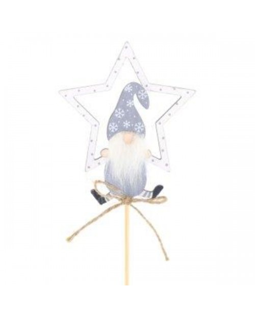 Pick gnomo/estrella navidad 11cm gris palo de 50cm